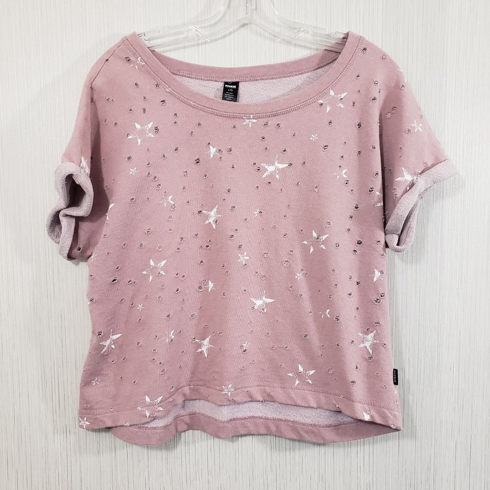 RBX distressed star print sewn cuffs short sleeve sweatshirt‎ woman's size large